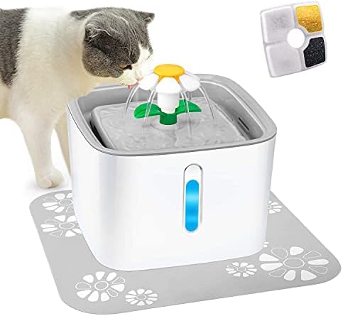 Pet Water Fountain with LED Water Level Window, 84oz/2.5L Automatic Pet Fountain, Ultra Silent Healthy and Hygienic, 3 Modes Drinking Fountain, with 1 Carbon Filter and 1 Large Silicone Mat, Grey