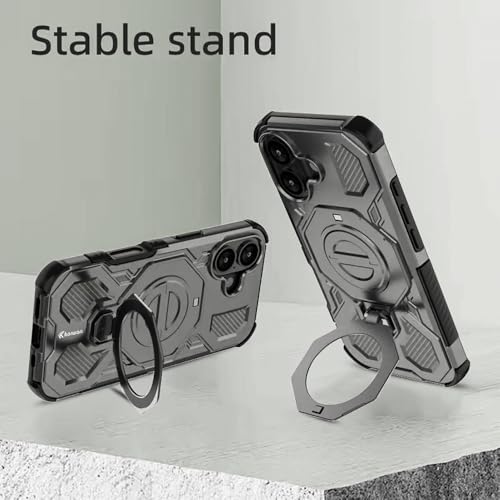 Image of KARWAN Tough Shockproof Armor Back Case Cover Compatible with iPhone 16 with 360 Degree Rotation Magnetic Attraction Ring, Holder Heavy Duty Rugged Cover with MagEaze Wireless Charging (Grey)