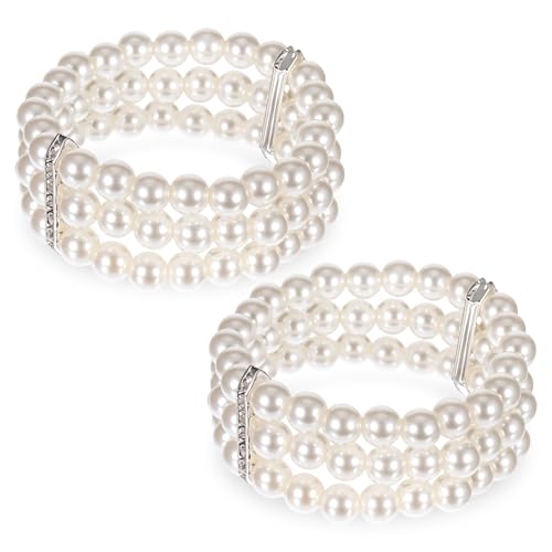 Aysatogc Lot de 2 bracelets de perles blanches des années 1920 - 3 rangées de perles extensibles pour femme - Pour fête, bal de fin d'année, mariage, festival,...