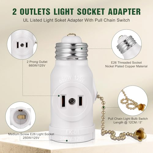 2-pack e26 light socket adapter - converts medium screw socket to two outlets with pull chain switch - ul listed white
