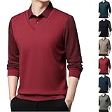 Men's Striped Lapel Fake Two-Piece Shirt Long Sleeve, Men's Faux Two Piece Lapel Long-Sleeve Tops (Red,2XL)