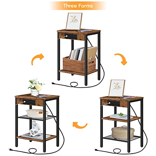 Hoobro End Table Set Of 2 With Charging Station And Usb Ports, 3-Tier Nightstands With Adjustable Shelf, Narrow Side Table For Small Space In Living Room, Bedroom And Balcony, Rustic Brown Bf112Bzp201 #TOP7