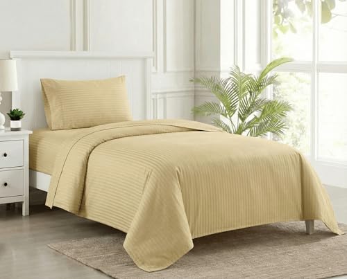Trance Home Linen 100% Cotton 200 TC Satin Stripe Single Bedsheet with Pillow Cover | Fade-Resistant, Soft & Hypoallergenic |Flat Bedspread for Single Mattress - (54 x 90 inch, Beige)
