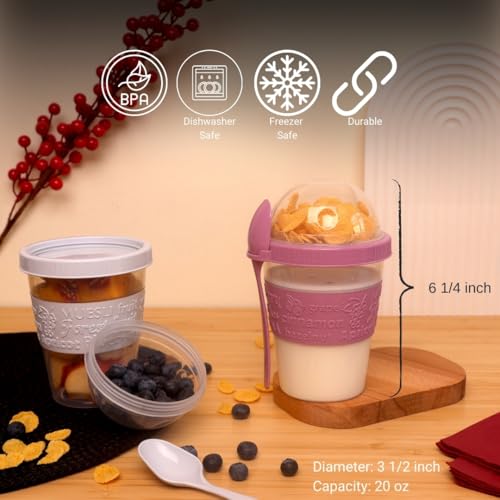 Salda 4 Pack 20 oz Breakfast On the Go Cups, Take and Go Yogurt Cup with Topping Cereal Cup with spoon, Overnight Oats or Oatmeal Container Jar, Colorful Set of 4 - Image 3