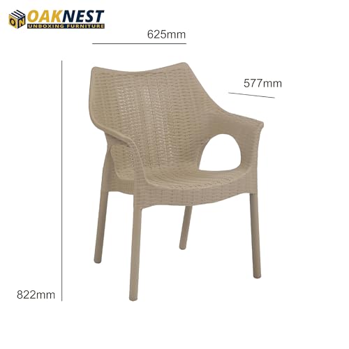 Image of Oaknest Supreme Cambridge with Vegas Plastic Outdoor Chair and Table Set | 4 Rattan Chairs + 1 Table | Weatherproof, Lightweight | Garden & Patio Use Dark Beige