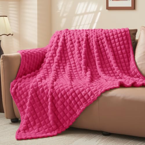 Image of BEDELITE 3D Checked Hot Pink Fleece Throw Blanket for Couch, 50x60 Inches
