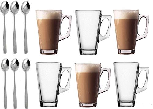 Laitue Eat® - Lot de 6 tasses en verre pour boisson chaude - Café latté -Thé - Cappuccino - Avec cuillères (compatible avec Tassimo et Dolce Gusto) 240ml