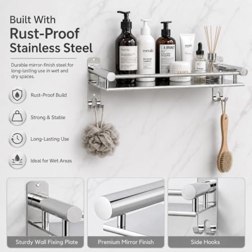 Image of Well Set Stainless Steel Double Layer Bathroom Shelf | Wall Mounted Rack with Towel Bar & Hooks