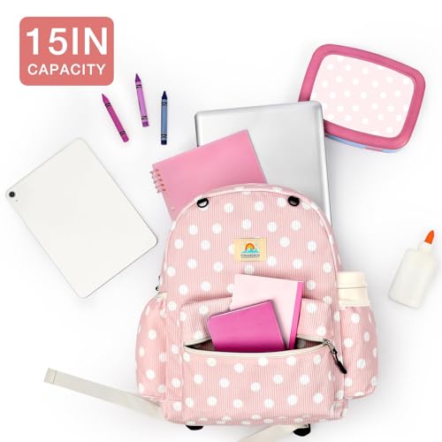 Image of STEAMEDBUN Corduroy Kids Backpack for Girls and Boys 5-8: Girls Backpack for Elementary Kindergarten - 15 inch Cute Backpacks for Kids - Polka Dot