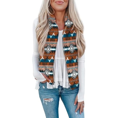 LOMON Womens Fuzzy Sherpa Fleece Jacket Lightweight Vest Cozy Sleeveless Cardigan Zipper Waistcoat Outerwear with Pocket Brown Print Medium