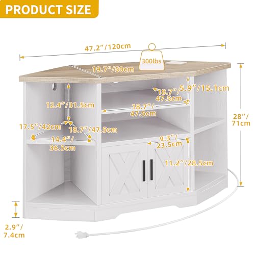 DWVO Farmhouse Corner TV Stand for Living Room, TV Stand for 55 Inch TV, Entertainment Center with Storage and Power Outlet, TV Console Cabinet, Grey Wash & Grey White