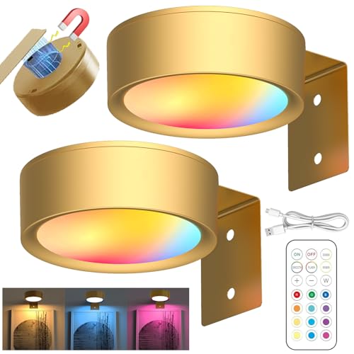 LUKIUP 2 pièces Lampe Tableau Sans Fil Rechargeable, 2600mAh Lampes Magnétiques Avec Télécommande, LED Spot 3 Couleurs de Lumière, Applique Murale Intérieure Cadre Photo, Images, Mur (Doré)