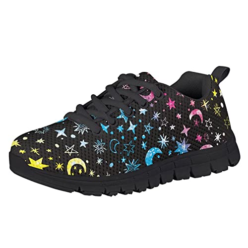HUIACONG Kids Sneakers Colorful Moon Star Sun Girls Tennis Shoes for Size 5 Boys Light Weight Laces Up Trainers Children Anti-Skid Breathable Footwear