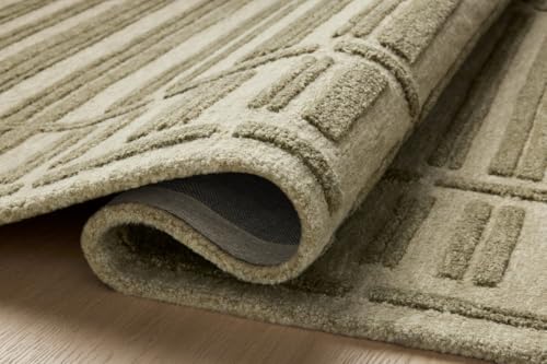 Image of Modern (High Low Pile) Pattern Wool Carpet with Loop Texture Yarn Anti Shedding Carpet Size 5x8 Feet B0 Olive Green Color