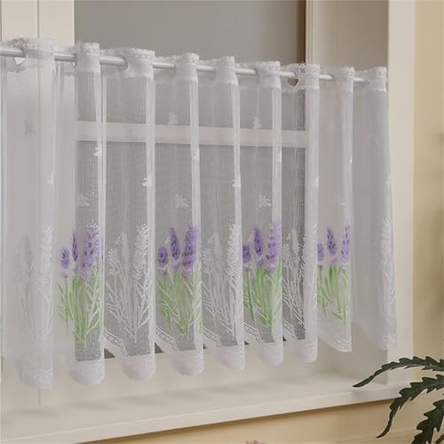 AQCQDQ Net Curtains, Bistro Curtain, Modern, Bistro Curtain, Spring, Country House Style, Kitchen, Lavender Embroidered Tulle Door Curtains, Cafe Kitchen, Window Curtain, Christmas, for Small Windows