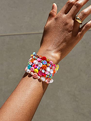 HZEYN Beaded Bracelet Set Stack Colorful Cute Happy Face Charm Pearl Heishi Beaded Stretchy Bracelet Summer Beach Bracelet Jewelry (Colorful-6pcs) - Image 4