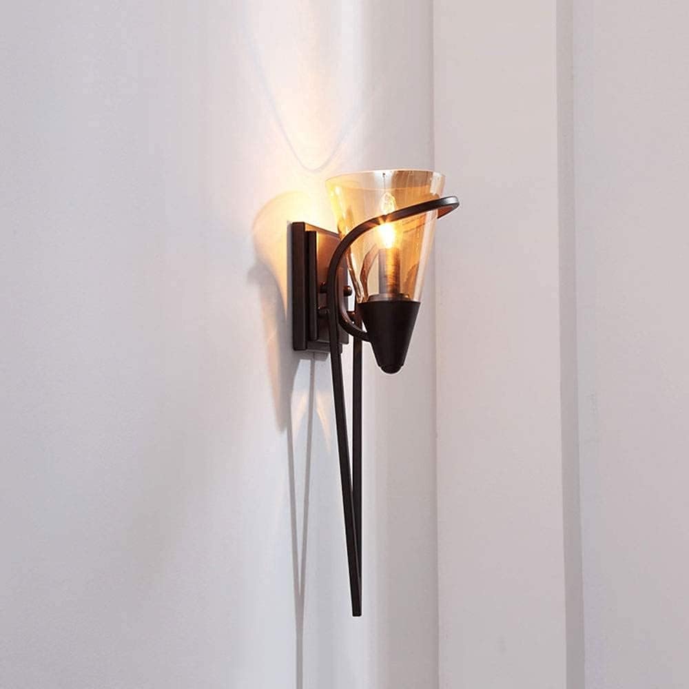 American Retro Rustic Wall Applique Interior Black Metal Wall Applique Flashlight E14 Plug with Cone Wall Lamp with Glass Screen Amber Old Lighting for Stairs s Wall Lamp