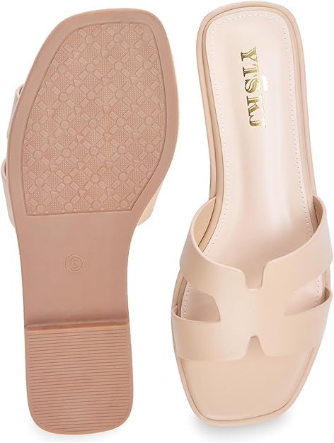 Sandals for Women 2025 Dressy Cute Summer Flat Slides Comfortable Soft Leather for Ladies Casual Square Open Toe Slip On Beach Sandals Nude 92