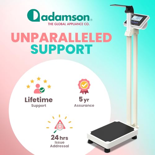 Image of Adamson M1 Medical Scale, 440 lb / 200 kg Capacity, BMI with Weight and Height, Professional Digital Scale for Body Weight, Home, Hospital, & Physicians, Heavy Duty - White