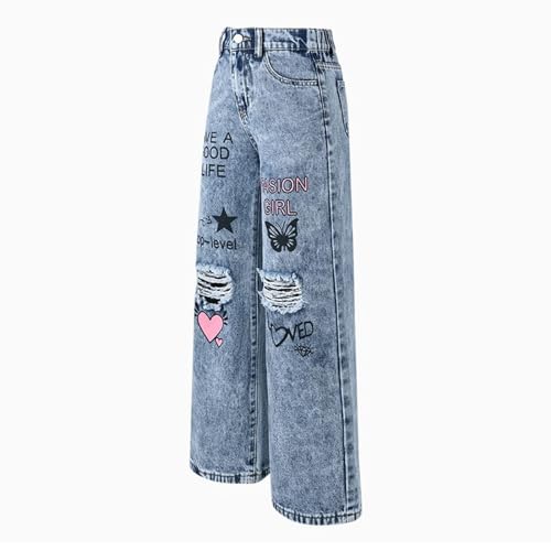 Teens Girls Ripped Baggy Jeans Wide Leg High Elastic Waisted Denim Pants Cute Streetwear Teen Youth Trendy Trousers2