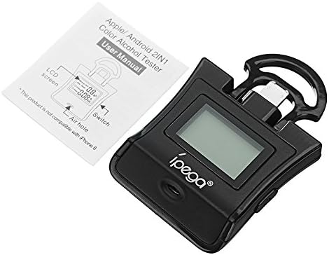 The ipega PG-9070 breath alcohol tester next to its small user manual, showing the air hole and LCD screen.