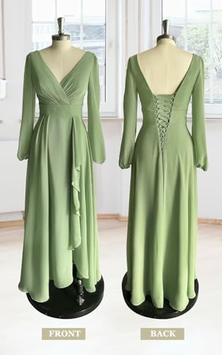 PYEFA Long Sleeves Bridesmaid Dresses for Wedding Women with Slit Ruffle V Neck Chiffon Long Formal Dress3