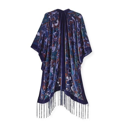 SAGEFINDS Fringed Burnout Velvet Kimono for Women| Elegant Evening Shawl with Fringe | Open Front Wrap | Party Cape with Kimono Sleeves | One Size Fits Most