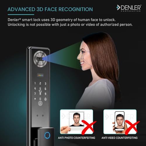 Image of Denler F4s 7-in-1 Smart Door Lock | 3D Face ID | Fingerprint | App Unlock | LCD Camera | Inbuilt Wi-Fi | Android & iPhone Support | RFID Card | PIN | Key | for Min 40mm Door
