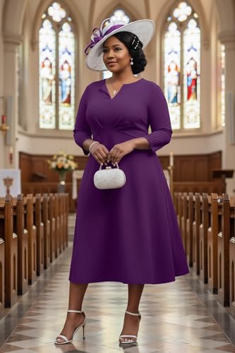 Image of Nmoder Women's Plus Size Stretchy Flared Wrap Dress Casual Wedding Guest Midi Dresses V Neck 3 /4 Sleeve A-Line Swing Dress