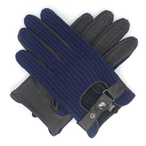 Preisvergleich Produktbild Harssidanzar Herren Autohandschuhe Leder mit Häkeln Schwarz Fahrhandschuhe Touchscreen GM030,Navy,Größe XL