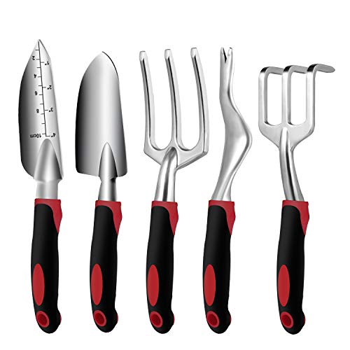 Garden Tool Set, 5PCS Aluminum Heavy Duty Garden Hand Tool Kit Includes Hand Rake, Trowel, Transplant Trowel, Weeder and Cultivator Hand Rake with Ergonomic Handle