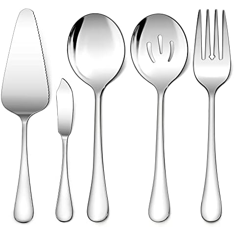 LIANYU 5-Piece Stainless Steel Serving Utensils Set Include Serving Spoon Fork, Flatware Serving Pieces for Buffet Catering, Mirror Finish, Dishwasher Safe Cover