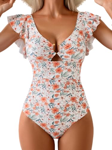 Image of Eomenie Womens Ruffled One Piece Swimsuit Slimming Tummy Control Bathing Suit V-Neck Cutout Swimwear for Resort Wear