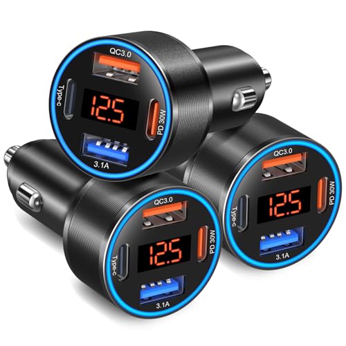 3 Pack USB C Car Charger, 4-Port 65W Dual 12V USB-A & USBC Cigarette Lighter Adapter Plug with Voltmeter PD/QC 3.0 Fast Charging Car Phone Charger for iPhone 16e 15 14 13 12 11 Pro Max, Android-Black