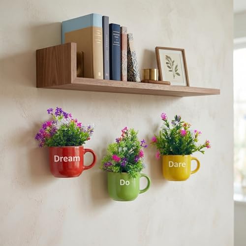 Image of Dekorly Wall Hanging Mug Planters with Artificial Flowers (20CM) - Decorative Hanging Cups, Colorful Floral Wall Decor for Living Room Bedroom Balcony Office Gift Set (3, Dream Dare Do)