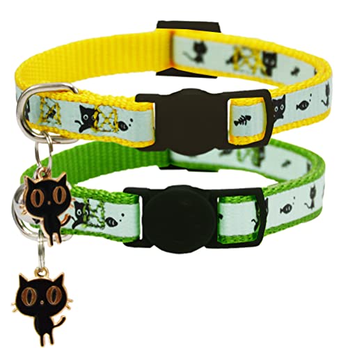 Image of 2 Pack Glow in The Dark Cat Collar with Bell Breakaway Safety Cat Puppy Collars with Pendant Green and Yellow