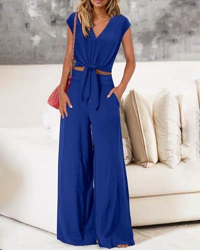 Image of PRETTYGARDEN Women's Summer 2 Piece Outfits 2026 Cap Sleeve V Neck Belted Crop Tops Wide Leg Pant Sets Casual Tracksuit