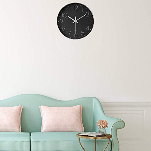 Image of HZDHCLH Wall Clocks for Living Room Bedroom Office Classroom Decor Small Silent Non Ticking Kitchen Wall Clock Battery Operated (Black Silver,12 inch)