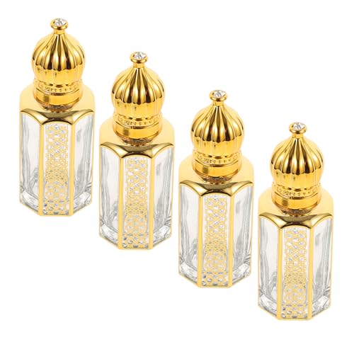 NULYLU Lot de 4 Flacons Roll-on en Verre 12 Ml Couleur Dorée, Mini Flacons Rechargeables pour Huiles Essentielles et Parfums, pour Voyage et Soin Corporel, Applicateur Bille Lisse Facile
