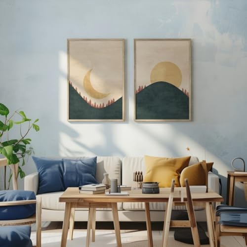 Image of Livin'luxe Set of 2 Moon and Sun Landscape Wall Art Premium MDF Wooden color Color Framed HD Sparkle Lamination Printed Minimal Mountain Painting for Living Room Bedroom Home Decor