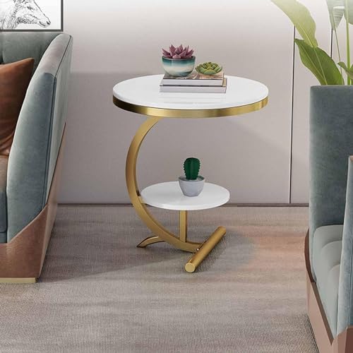 Image of NEST NATURE HAVEN Wood 2 Tier Round Coffee Table Nightstand Bedside Telephone Table With Storage, End Table Sofa Side Corner Table For Living Room Bedroom Small Spaces, Golden And White