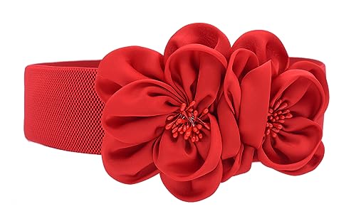 TeeYee Damen Mädchen Große Blumen Decor Schnalle Einstellbar Elastische Breite Gürtel (rot)