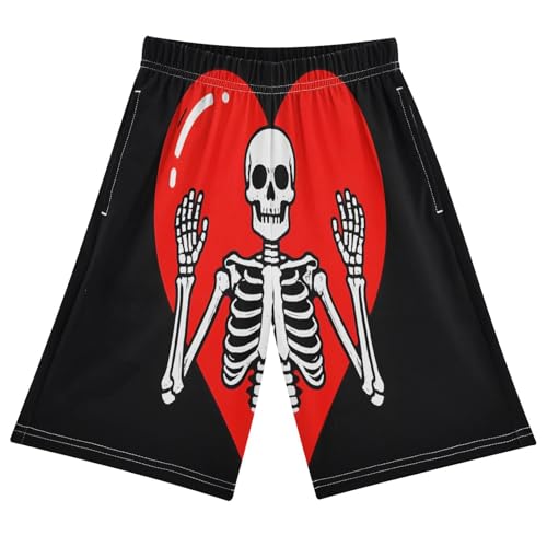 Skeleton Big Heart Sleep Shorts Summer Pajama Shorts Elastic Waist Sleep Bottoms with Pockets 6-14 Years