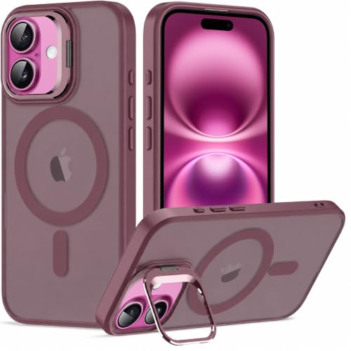 Image of Elzzi Kickstand Case for iPhone 16 Plus Case Compatible with MagSafe, Built-in Adjustable Camera Guard Stand, Translucent Matte Anti-Fingerprint Heavy Duty Shockproof Phone Cover - Cherry