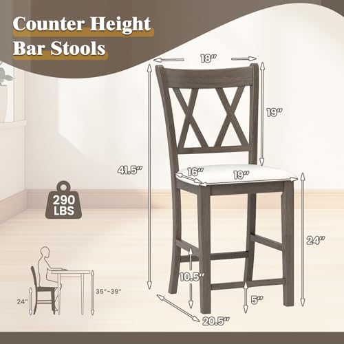 Juego de 2 taburetes de bar de madera Giantex, altura de mostrador de 24 pulgadas, con respaldo cruzado y asiento tapizado en tela de lino, estilo moderno y rústico para isla de cocina, bar en casa y comedor, gris y blanco miniatura 3