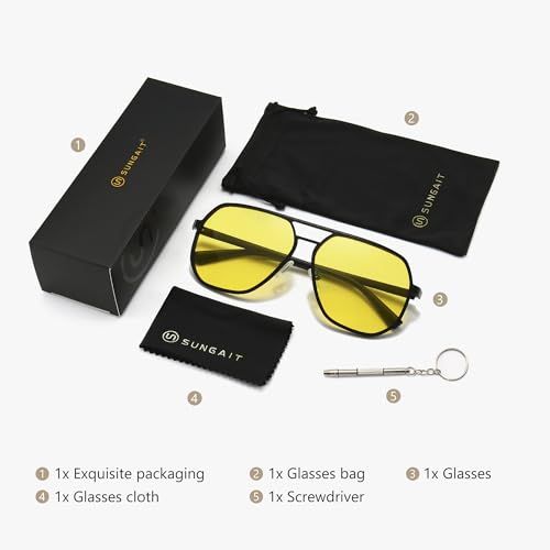 SUNGAIT Night Driving Glasses for Men Women: Polarized Aviator Square Yellow Sunglasses Anti-Glare UV400 Protection (Black Frame/Black Rim/Night lens) SGT375-SHKYS — view 6