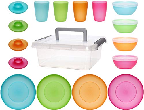 idea-station Neo Set de Picnic de plástico para 4 Personas, 21 Piezas, Colorido, Reutilizable, irrompible, Tazas, Platos, tazones, hueveras, Platos de plástico, Platos de Fiesta, Platos de Camping
