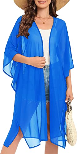 Image of Indian Trendy Women's Solid Puff Sleeve Kimono Long Cardigan Loose Cover Up Casual Blouse Top Chiffon