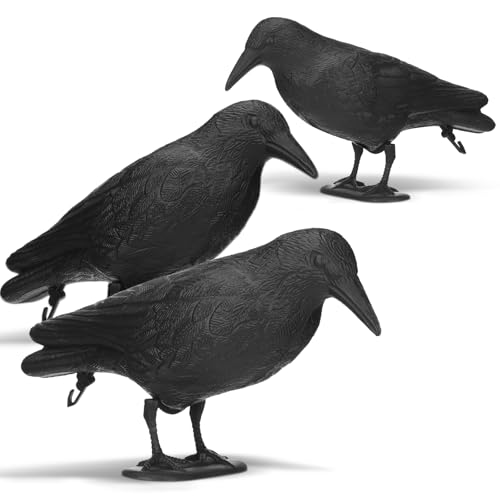 Sliner 3 Pcs Realistic Crows Decoy Lifesize Black Crow Extra Large Ravens Birds Figures for Attracting Crows Crow Decoration for Garden Yard Backyard Statues to Stand or Hang (Classic Style Plastic)
