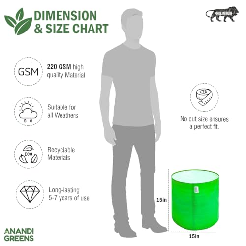 Image of Anandi Green's Premium HDPE Uv Protected 220 GSM Round Shaped Green Colour Plants Grow Bags Suitable for Terrace and Vegetable Gardening (Pack of 6, 15X15 INCH)
